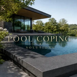 A luxury commercial swimming pool showcasing modern pool coping solutions with a dark L-shape edge profile.