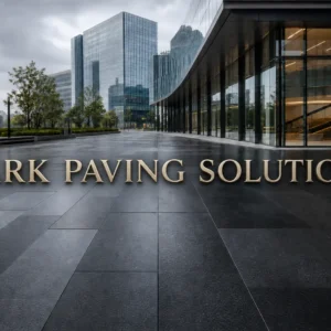 A modern UK commercial plaza showcasing premium dark paving solutions including black granite and charcoal porcelain.