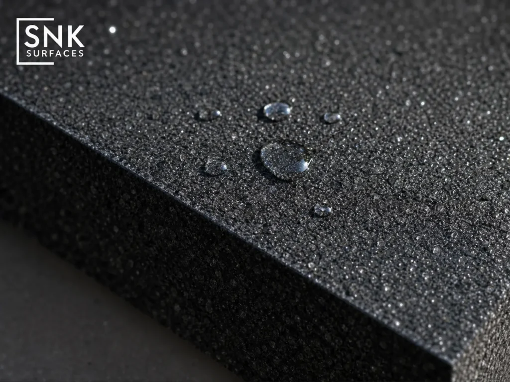 Close-up texture of Black Granite Paving showing a sandblasted, slip-resistant surface with crystalline details.