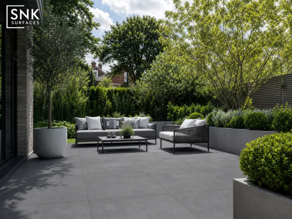 A contemporary residential garden patio built using County Anthracite Porcelain paving slabs.