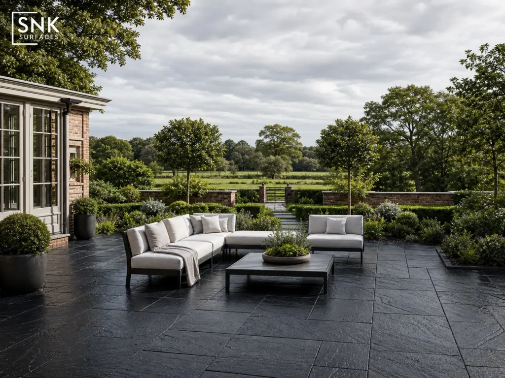 Close-up of Kota Black Limestone showing a natural riven surface texture a premium dark paving solution for UK garden terraces and estate pathways