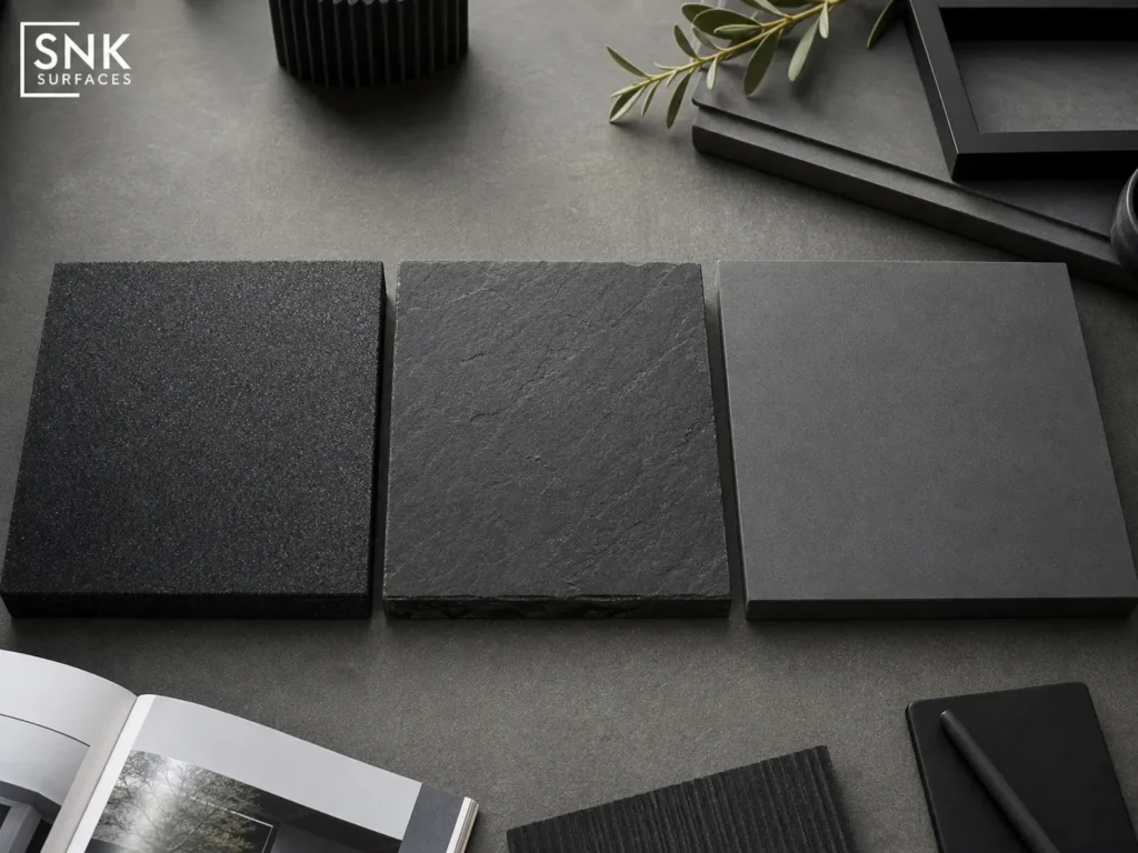 Side by side comparison of three leading dark paving solutions Black Granite Paving, Kota Black Limestone, and County Anthracite Porcelain from SNK Surfaces