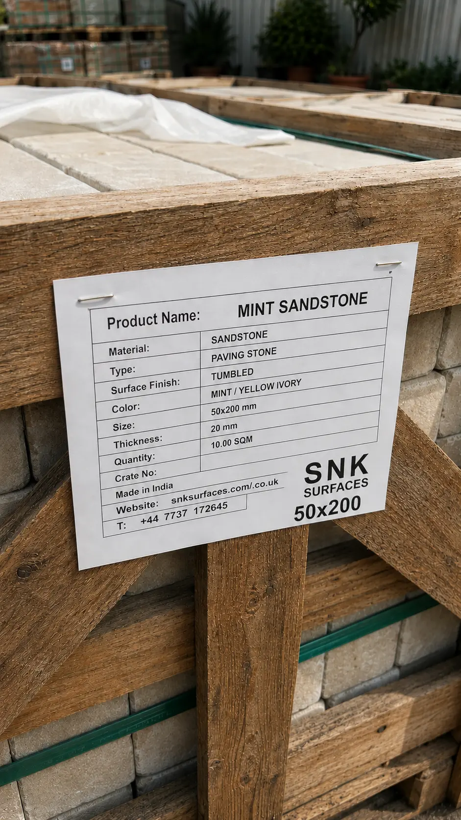 SNK Surfaces crate label showing product, size, thickness and quantity
