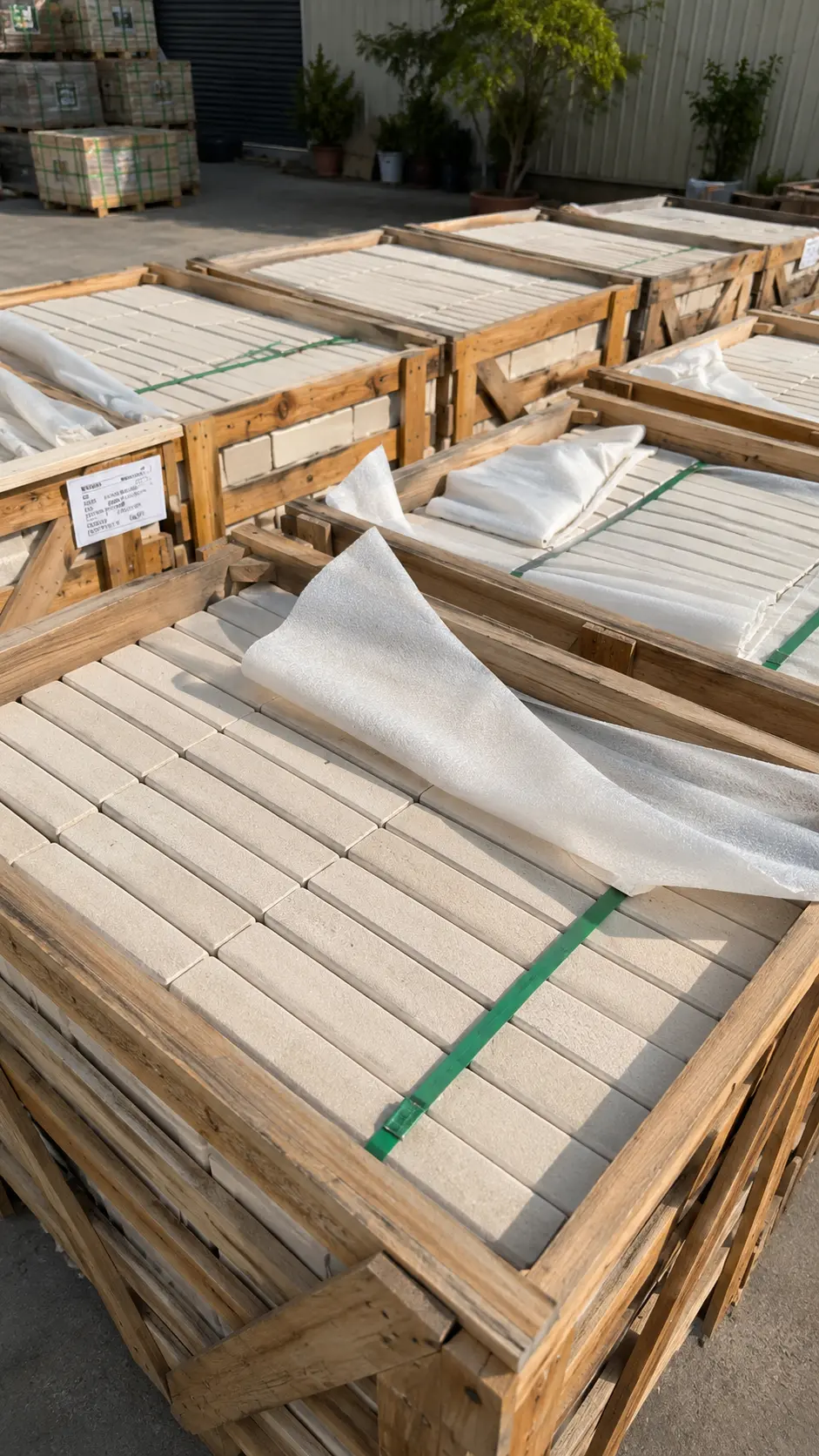 Mint sandstone cobbles crated, foam-wrapped and strapped in the yard