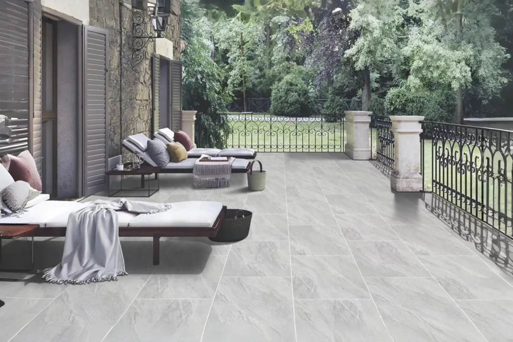 Kandla Grey porcelain paving installed in an outdoor patio setting