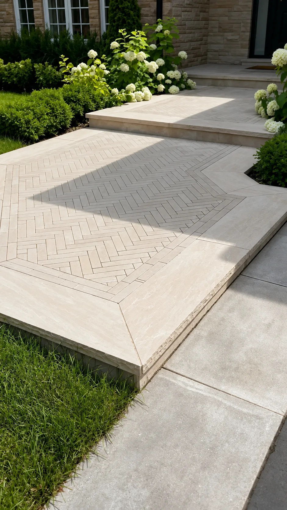 Finished Mint Sandstone paving project with natural herringbone character