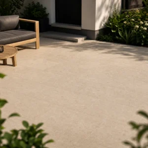 Mint sandstone paving slabs with sawn finish on a modern UK patio