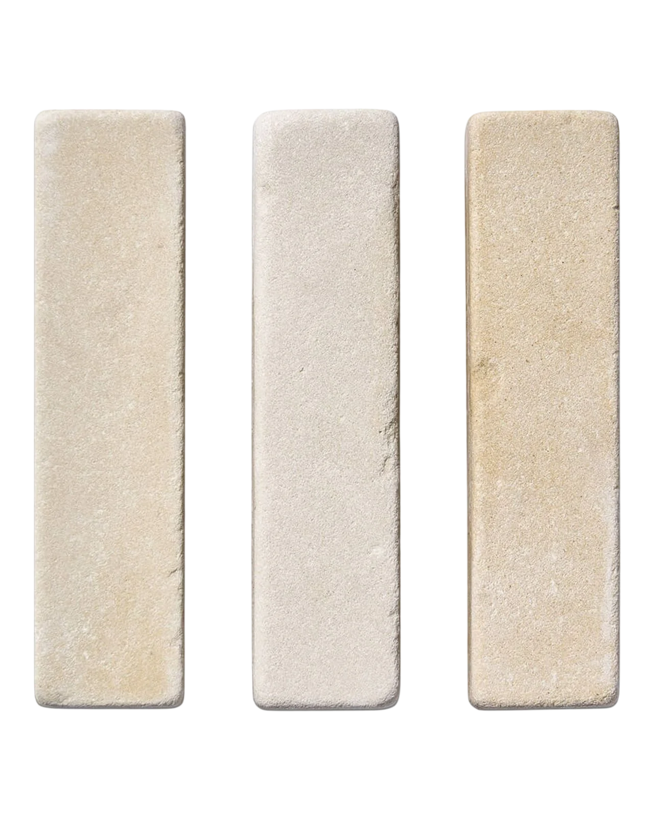 Three cut and calibrated Mint sandstone cobbles shown upright