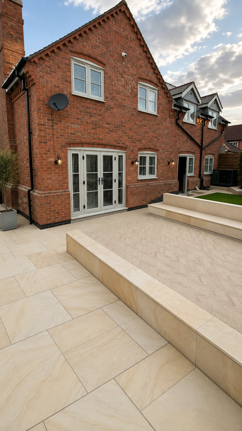 Patio paved with Mint Sandstone cobbles