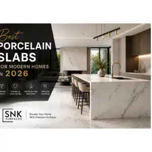 Luxury modern kitchen and living room featuring white marble-look porcelain slabs with gold veining by SNK Surfaces, ideal for contemporary home interiors in 2026.