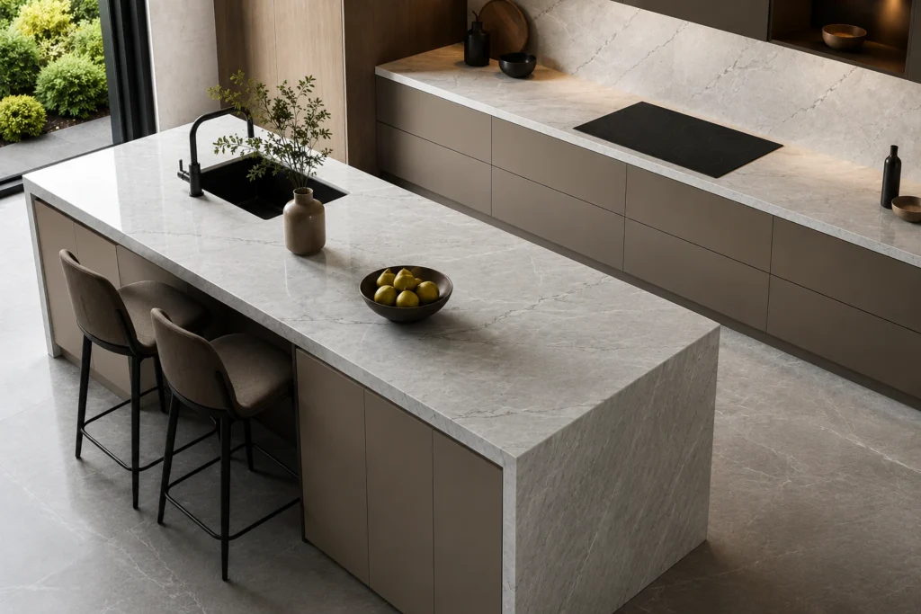 Modern minimalist kitchen featuring a white porcelain slab countertop with waterfall edge, matching porcelain backsplash, matte taupe cabinets, black sink and faucet, integrated cooktop, and elegant island seating in a bright contemporary interior