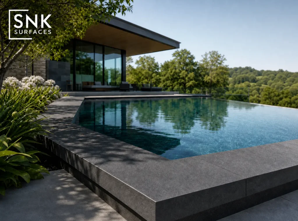 A luxury commercial swimming pool showcasing modern pool coping solutions with a dark L-shape edge profile.