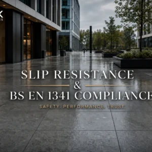 A modern commercial plaza featuring BS EN 1341 compliant natural stone paving by SNK Surfaces.