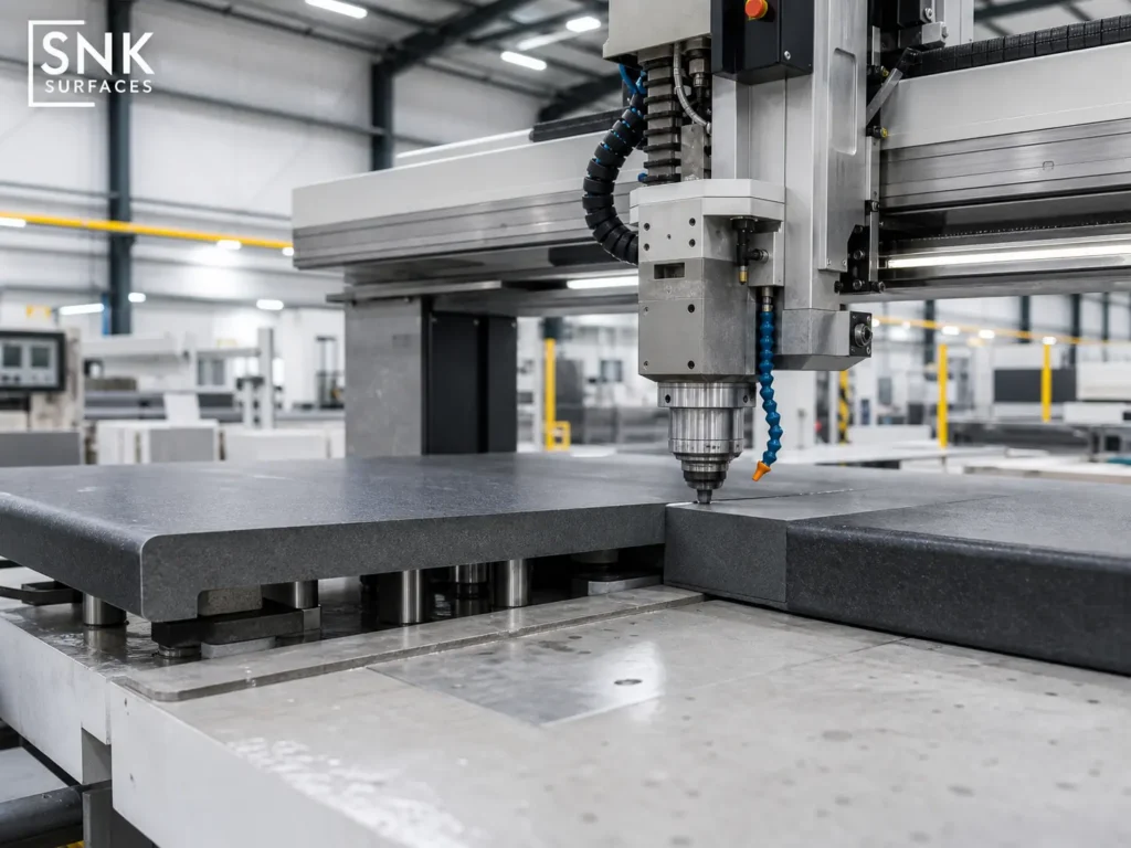 Advanced CNC machinery cutting precise L-shape pool coping in a pristine modern stone manufacturing facility.