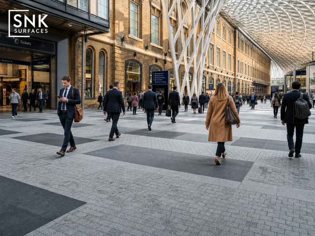High-traffic public train station concourse paved with slip-resistant flamed granite and natural stone.
