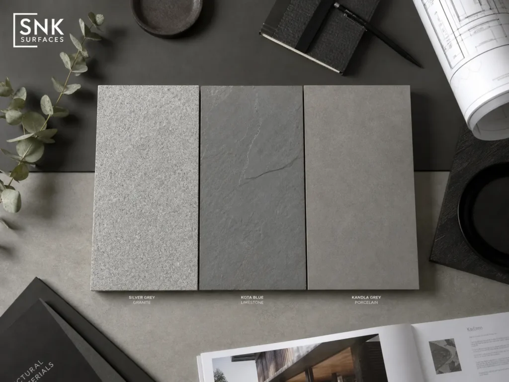 A side-by-side visual comparison of the three best grey paving solutions: Silver Grey Granite, Kota Blue Limestone, and Kandla Grey Porcelain.