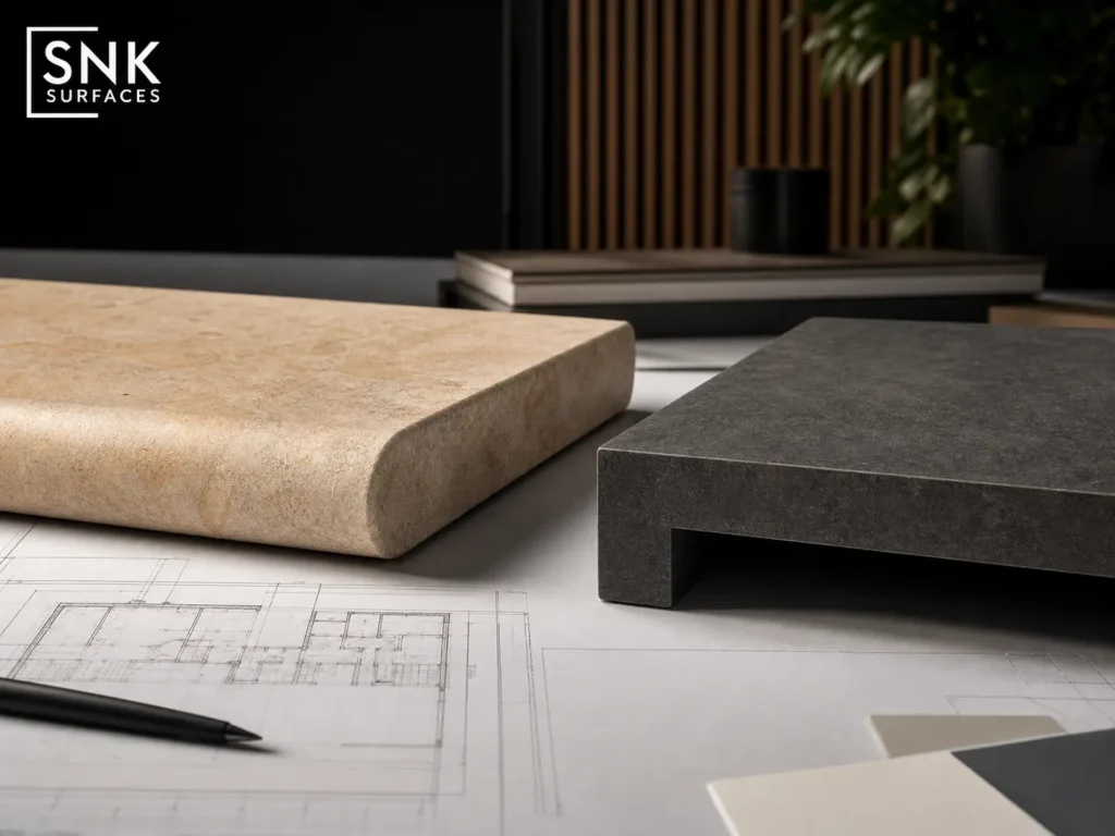 A side-by-side architectural comparison of a traditional bullnose edge and a modern L-shape pool coping profile.