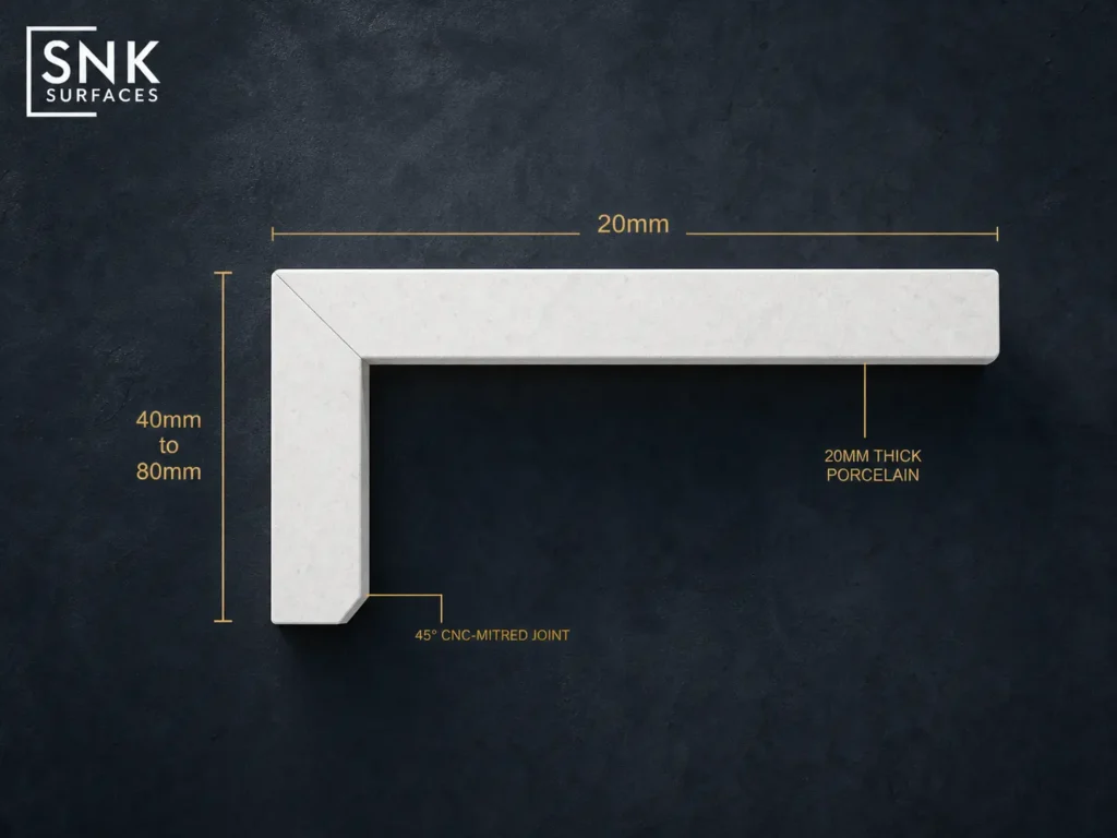 Technical cross-section diagram of Crystal Bianco L-shape porcelain coping showing horizontal tread and vertical drop face dimensions.