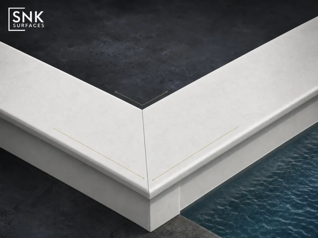 Technical diagram showing a factory-engineered 45-degree mitred corner unit of Crystal Bianco L-shape porcelain pool coping.