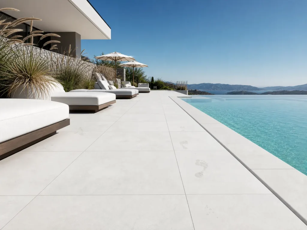 Commercial spa terrace installed with porcelain pool coping slabs and matching Crystal Bianco L-shape porcelain coping.