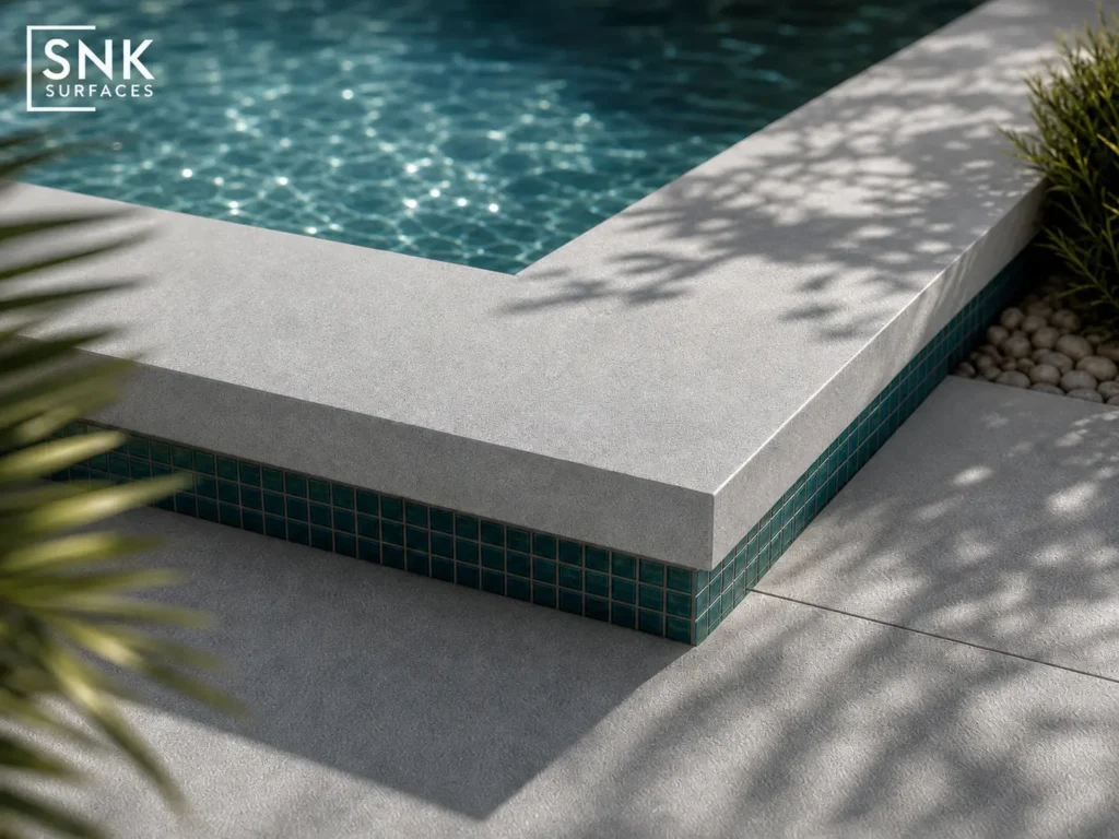 Close up view of a rebated L shape pool coping profile manufactured from premium grey porcelain.
