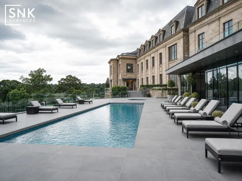 A luxury commercial swimming pool surrounded by matching grey porcelain pool coping and outdoor paving.