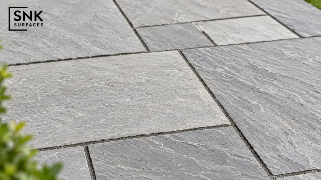 Kandla Grey Indian sandstone paving slabs with riven texture