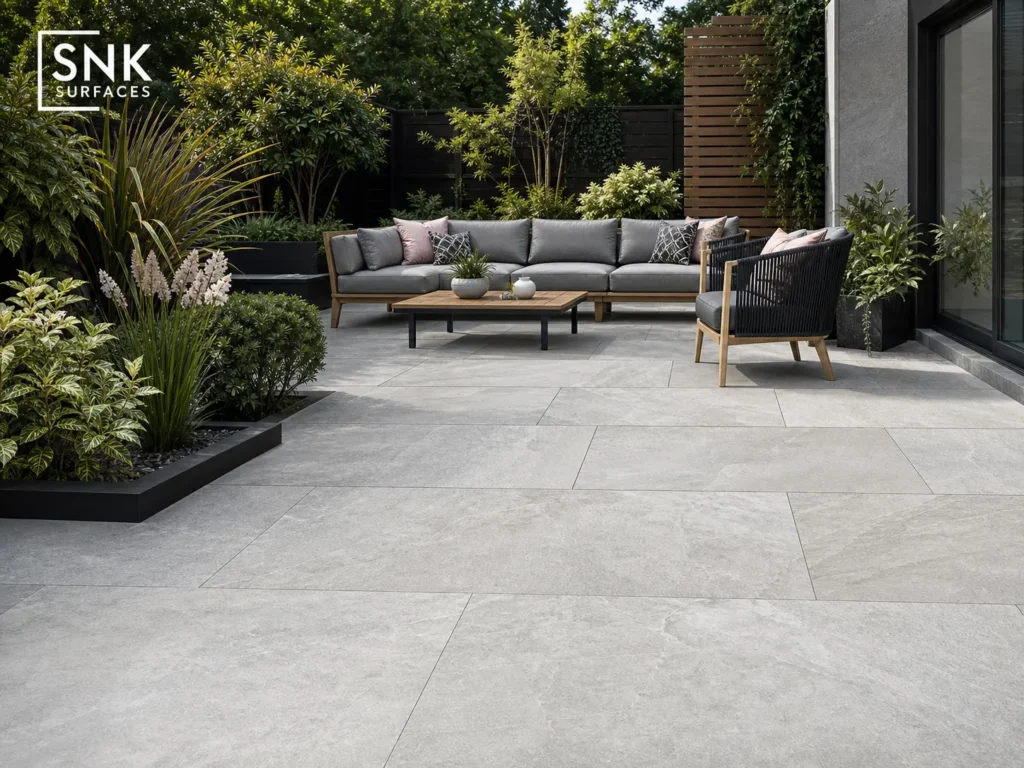 A contemporary residential garden patio built using Kandla Grey Porcelain Paving slabs.