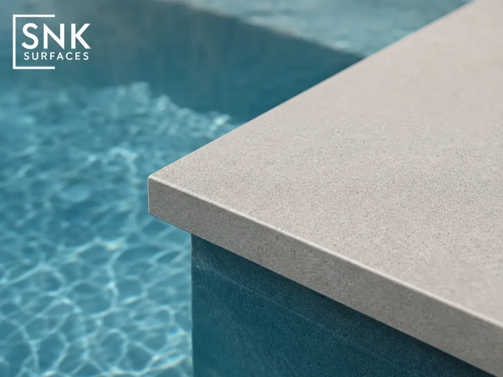Close-up of L-shape pool coping showing the precise 90-degree architectural drop face over clear pool water.
