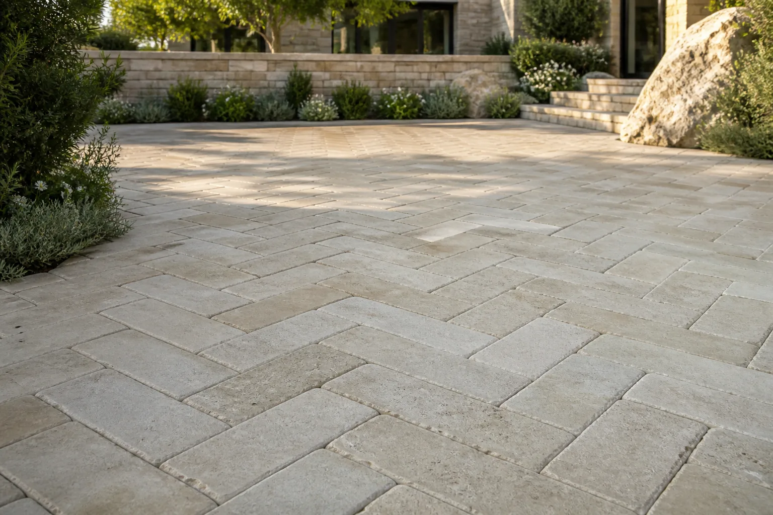 Courtyard paved with Mint Sandstone cobbles