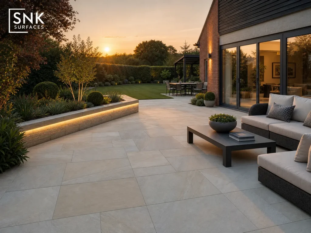Luxury modern British garden featuring a perfectly level patio made from light beige Mint Sandstone slabs.