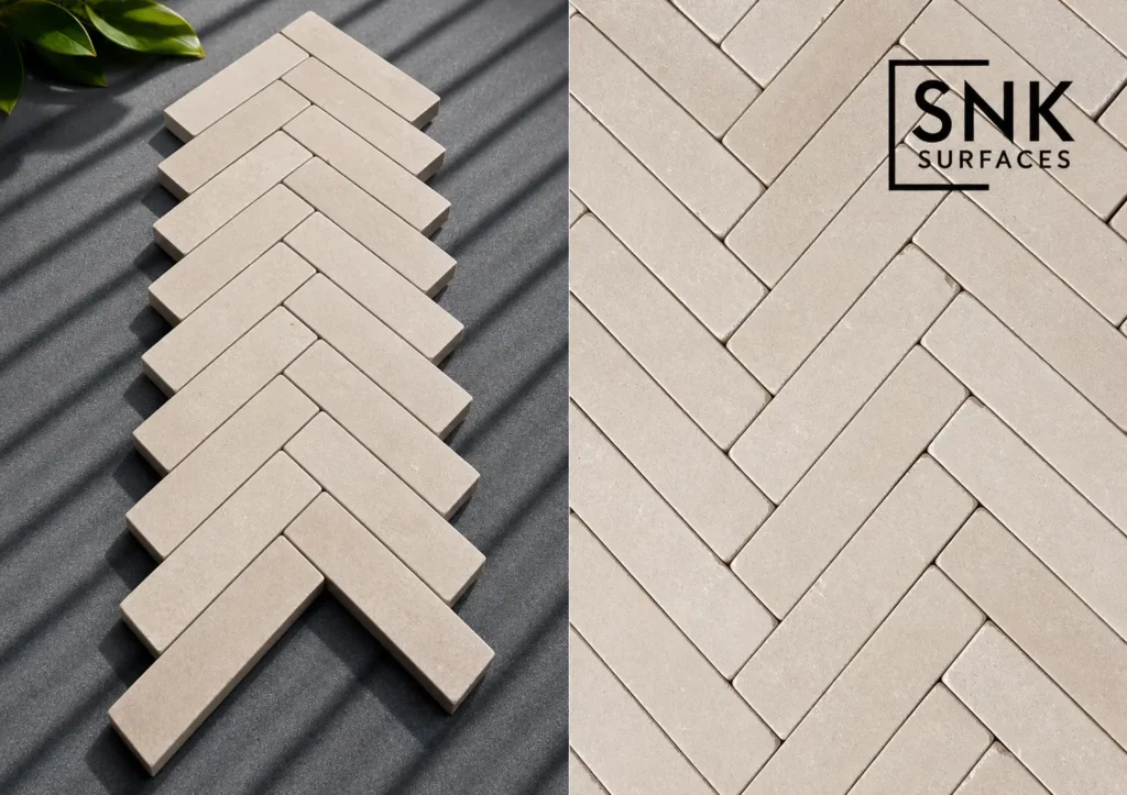 Close-up of premium natural stone paving cobbles manufactured by SNK Surfaces.