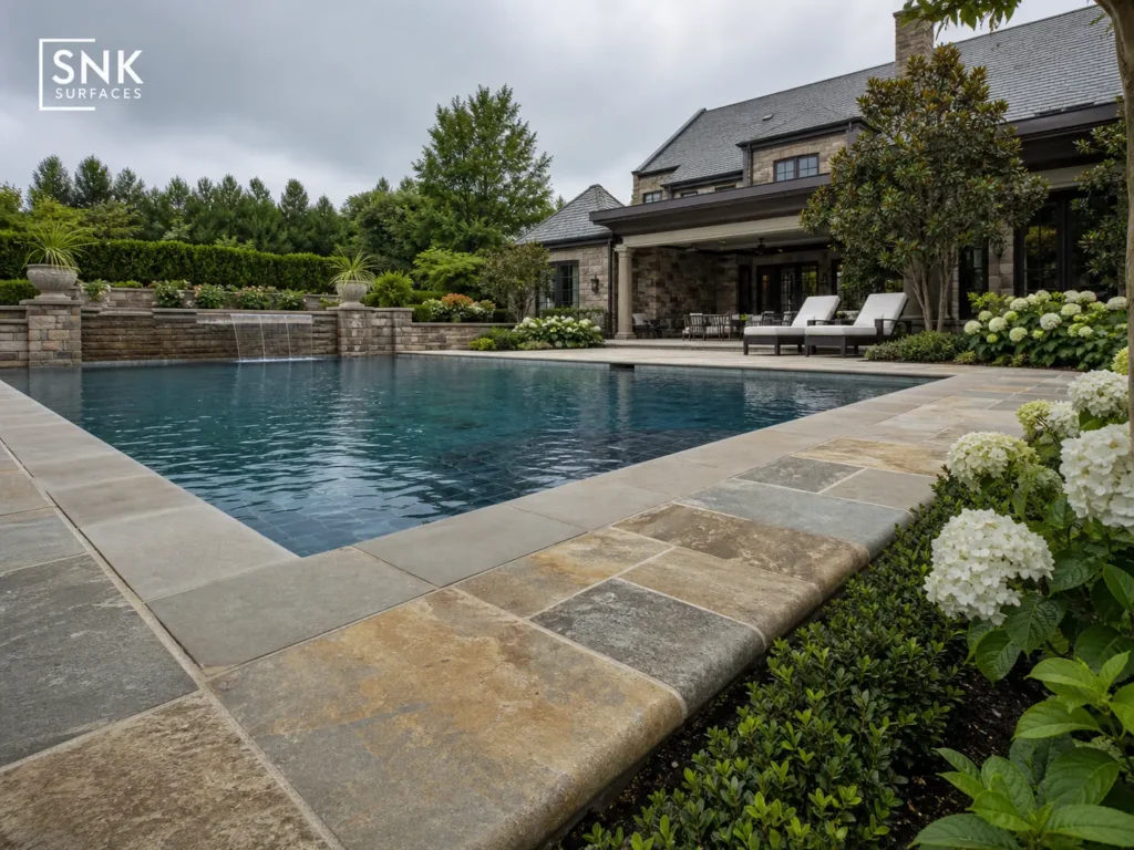 A luxury UK garden swimming pool featuring highly textured natural stone pool coping with a classic bullnose edge.