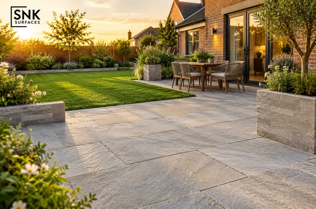 Modern UK garden patio with grey sandstone paving slabs