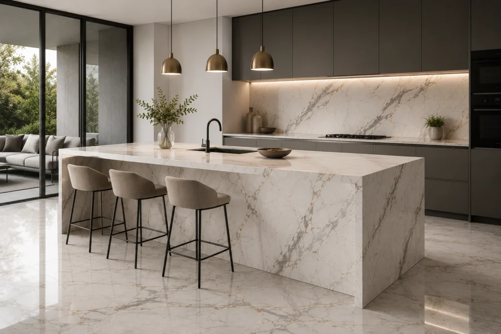 Modern kitchen featuring premium large-format porcelain slab countertops, backsplash, and flooring