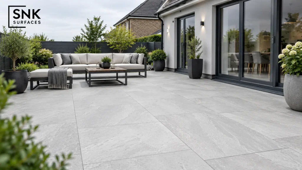 Porcelain paving slabs 600 x 900 on a modern terrace
