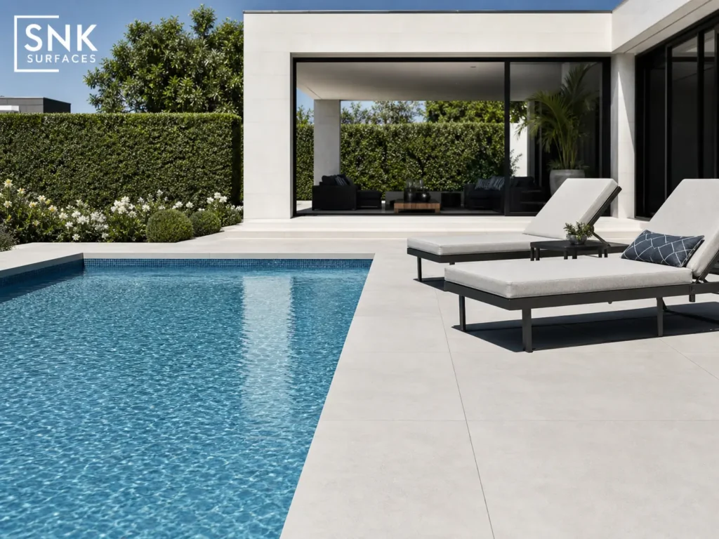A contemporary residential swimming pool built using sleek light grey porcelain pool coping and matching patio slabs.