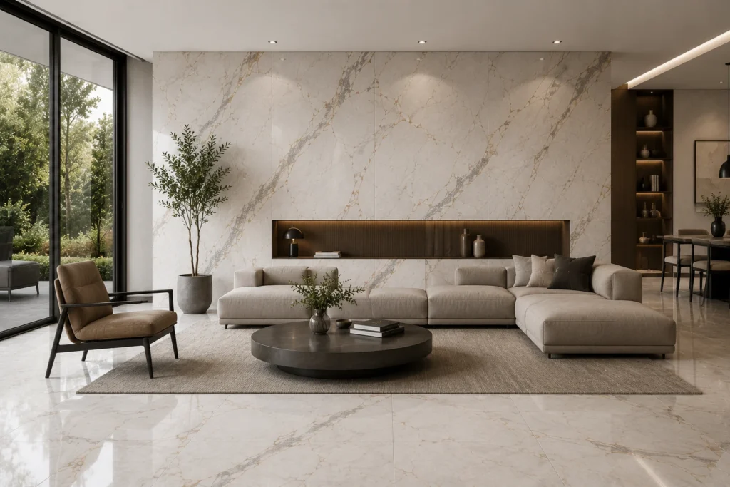 Modern living room featuring premium porcelain slab flooring and wall cladding