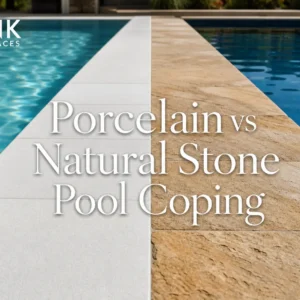 A side-by-side visual comparison of porcelain vs natural stone pool coping installed around a luxury swimming pool.