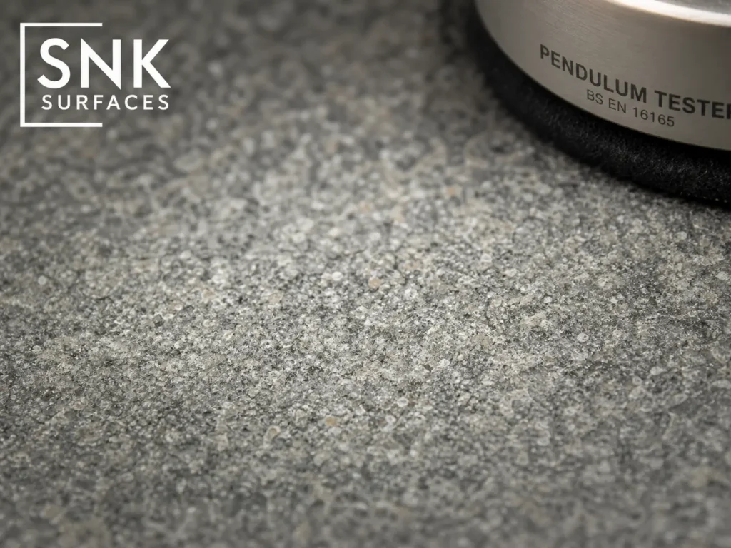 Macro close-up of shotblasted natural stone texture required for high PTV pendulum test ratings.