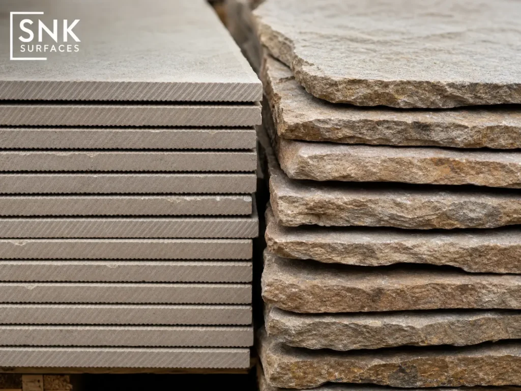 Side-by-side comparison of 22mm machine-calibrated sandstone slabs and uneven hand-split uncalibrated stone.