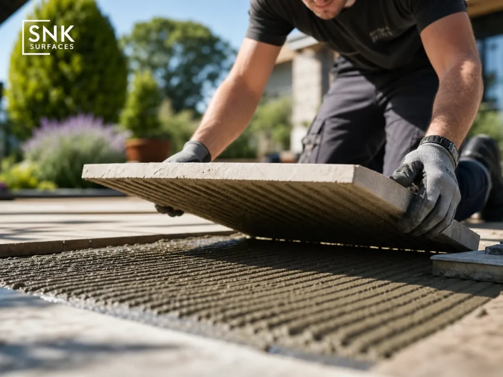 Professional UK landscaper laying a 22mm calibrated sandstone slab onto a perfectly level screeded mortar bed.