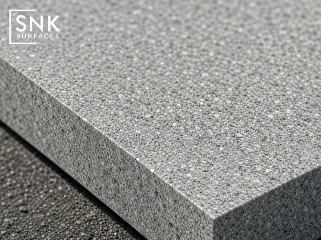 Close-up texture of Silver Grey Granite Paving showing a sandblasted, slip-resistant surface with light grey crystalline details.