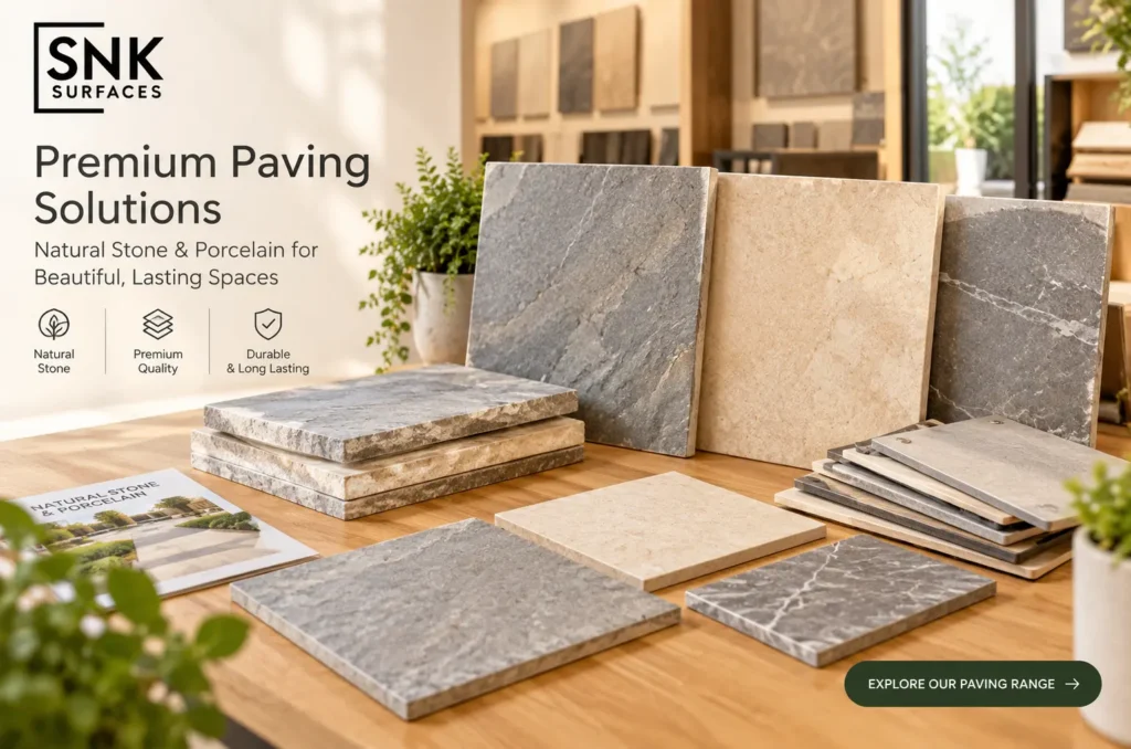 Find the Best Paving Slabs for Your Outdoor Project
Good planning saves time and money. Match the material to the job, check slip resistance and order extra for cuts. Ready to compare ranges?
Explore the natural stone and porcelain collection at SNK Surfaces, request samples and get a quote for your next UK project.