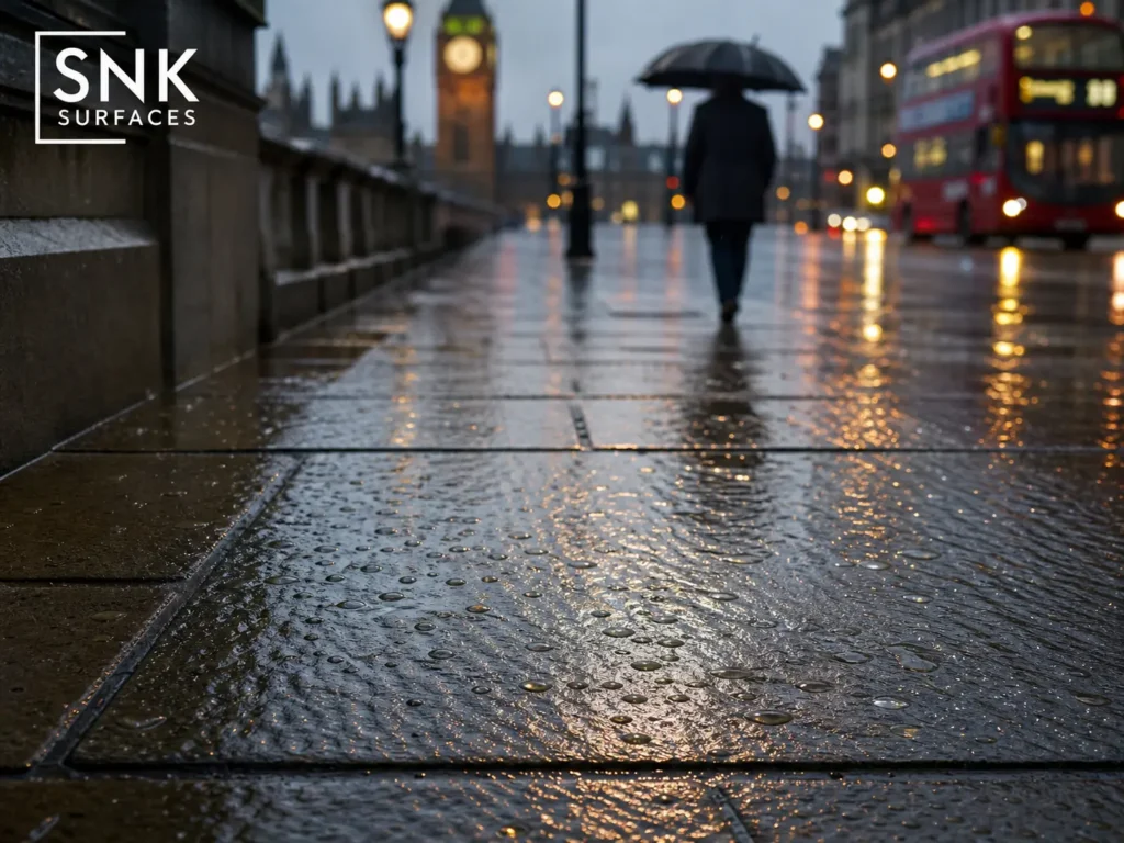 Wet natural stone paving in a UK commercial plaza demonstrating excellent grip and slip resistance.